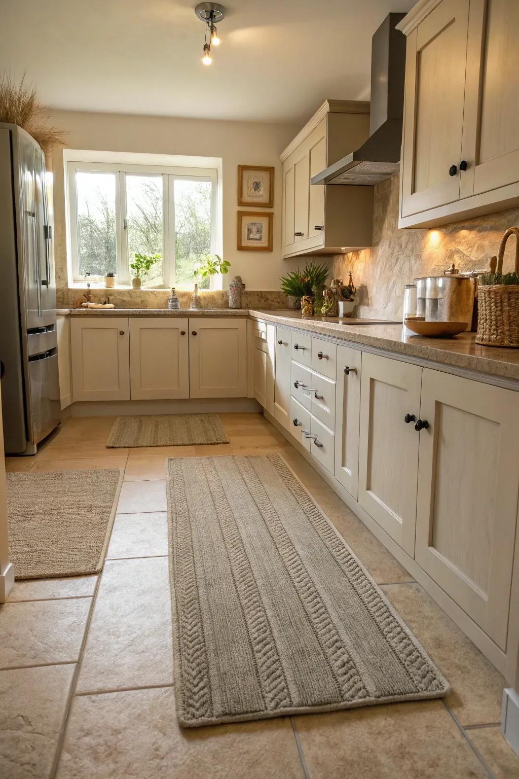 Beige flooring with grey rugs creates a cozy kitchen atmosphere.