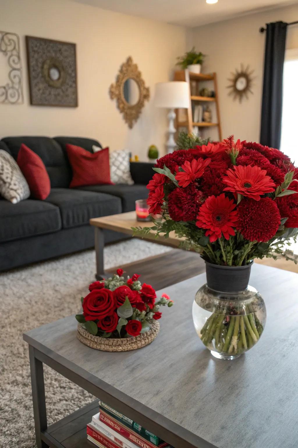 Red floral arrangements bring a touch of nature into this living room.