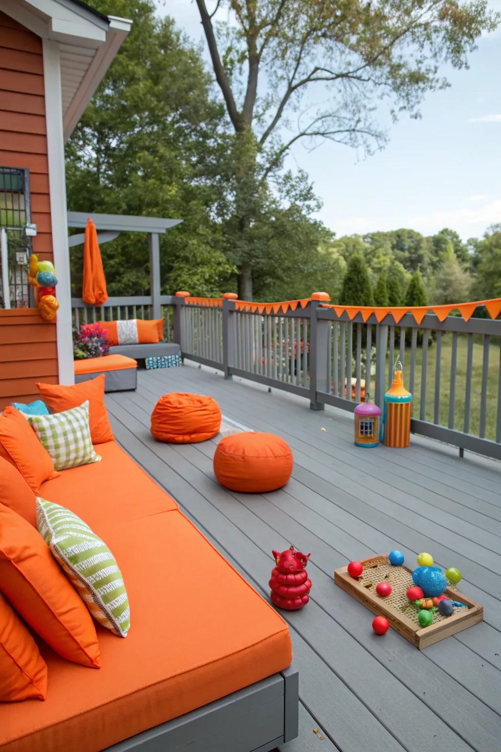 A grey deck enlivened by vibrant orange accents for an energetic feel.