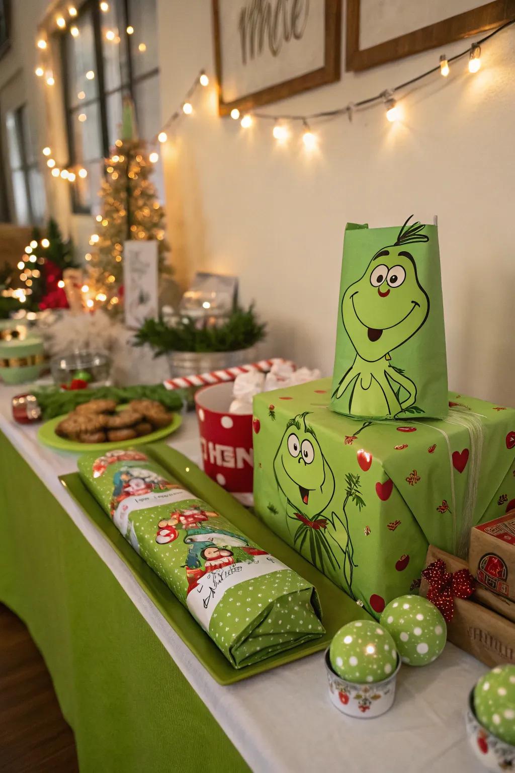 Grinch-themed table gifts adding a thoughtful touch to the festive table.