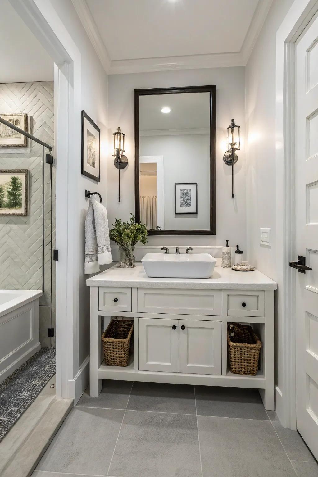 A monochromatic scheme creates a sophisticated look in this guest bathroom.