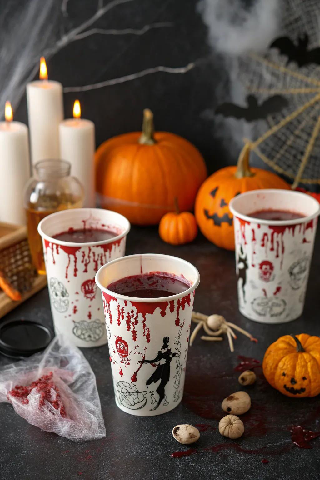 Gory grape juice cups adding a frightful fun to the festivities.