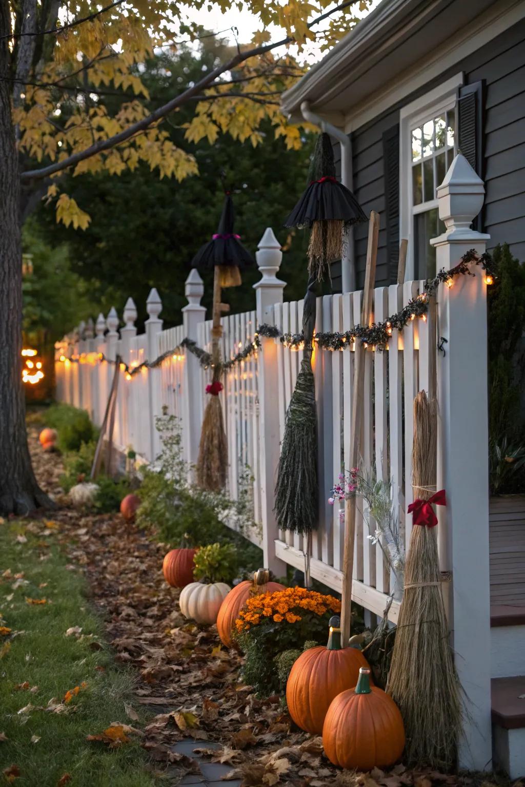 Witch's brooms add a whimsical touch to your fence.