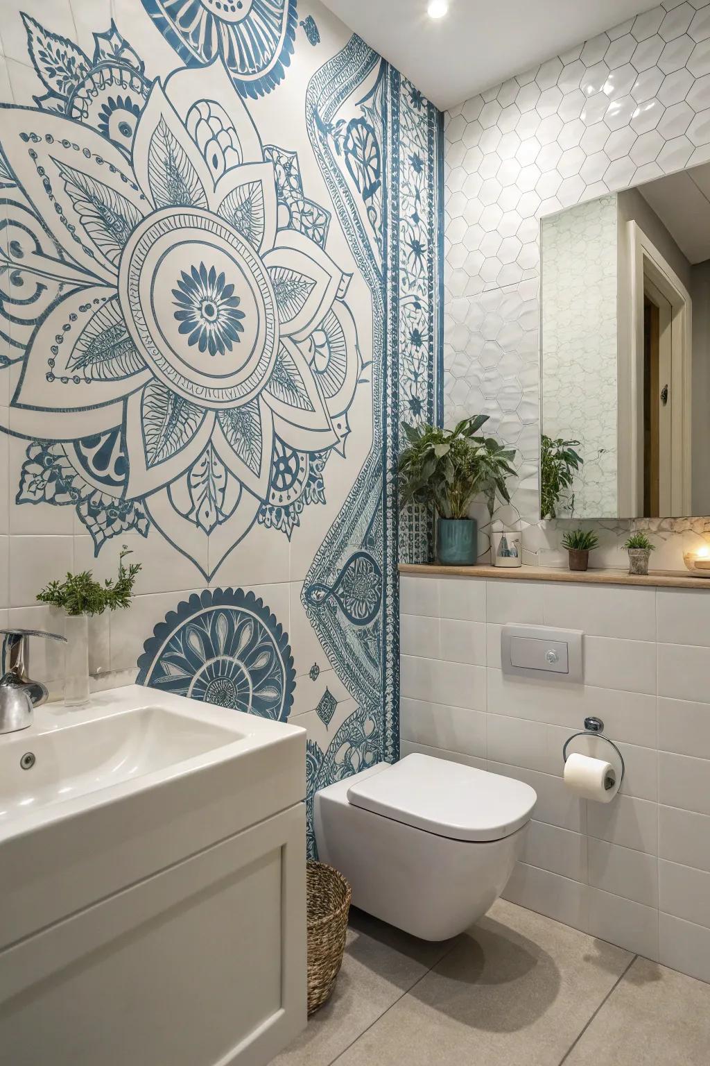 Monochrome blues create a serene and modern escape in the bathroom.