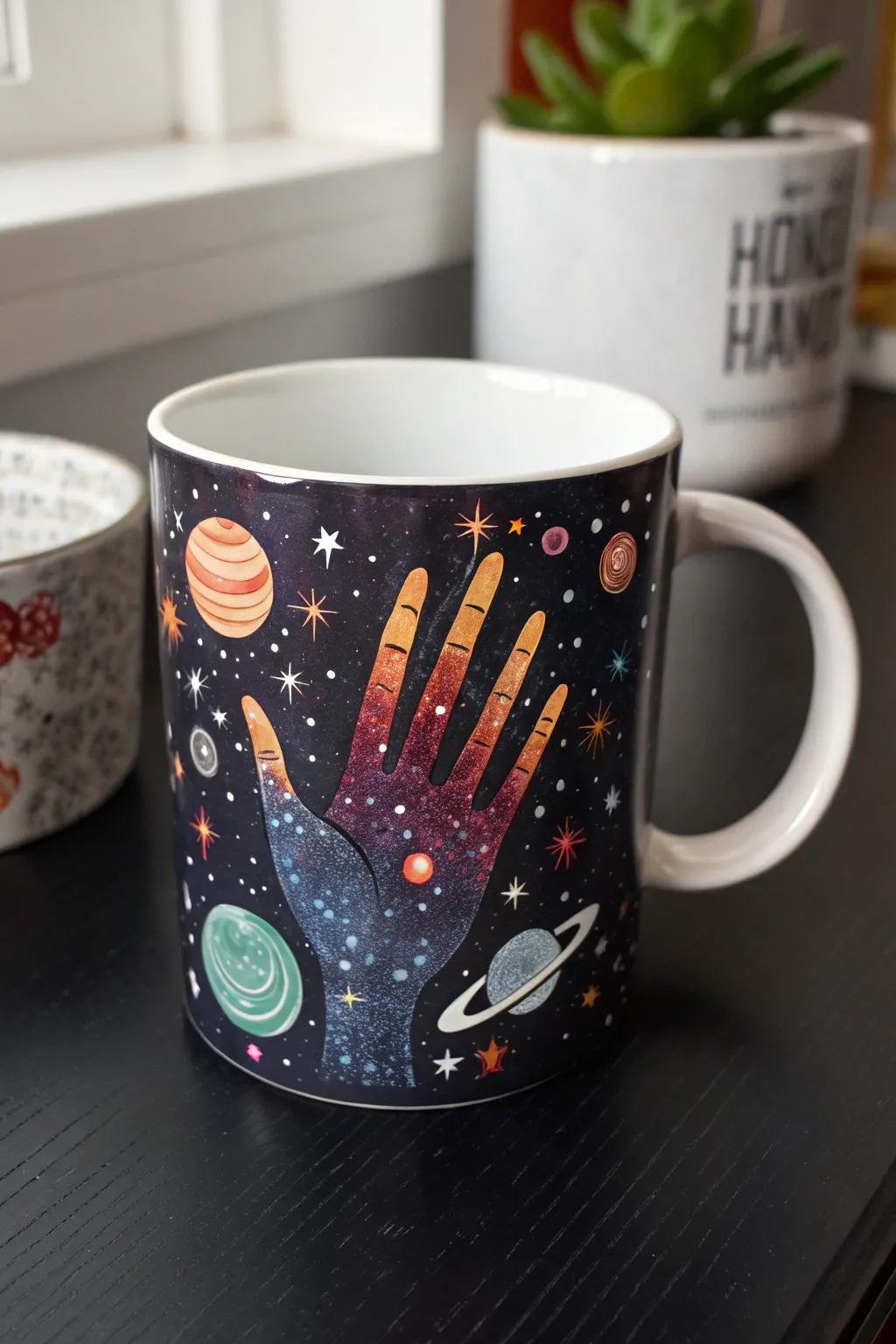 Explore the cosmos with a galaxy-themed handprint mug.