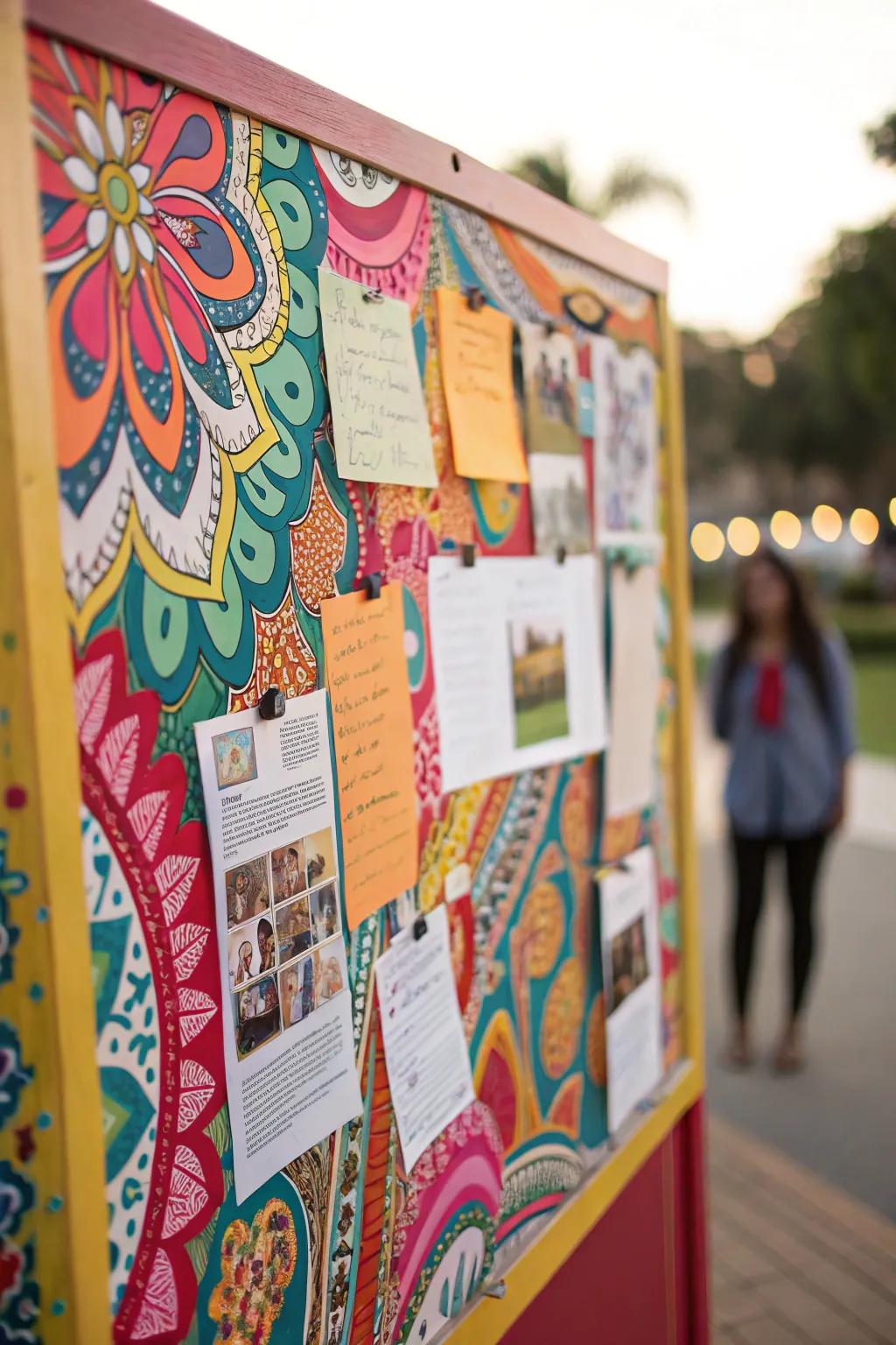 A colorful pinboard that adds vibrancy and organization to a home office.