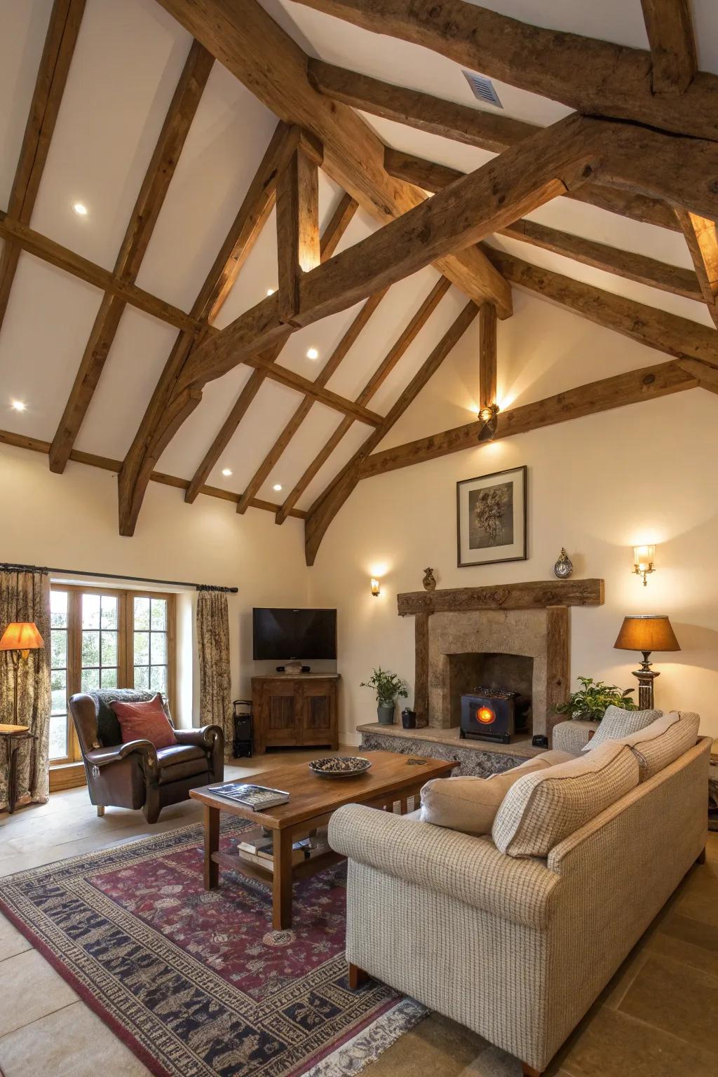 Ceiling beams add architectural interest and highlight the height of the room.