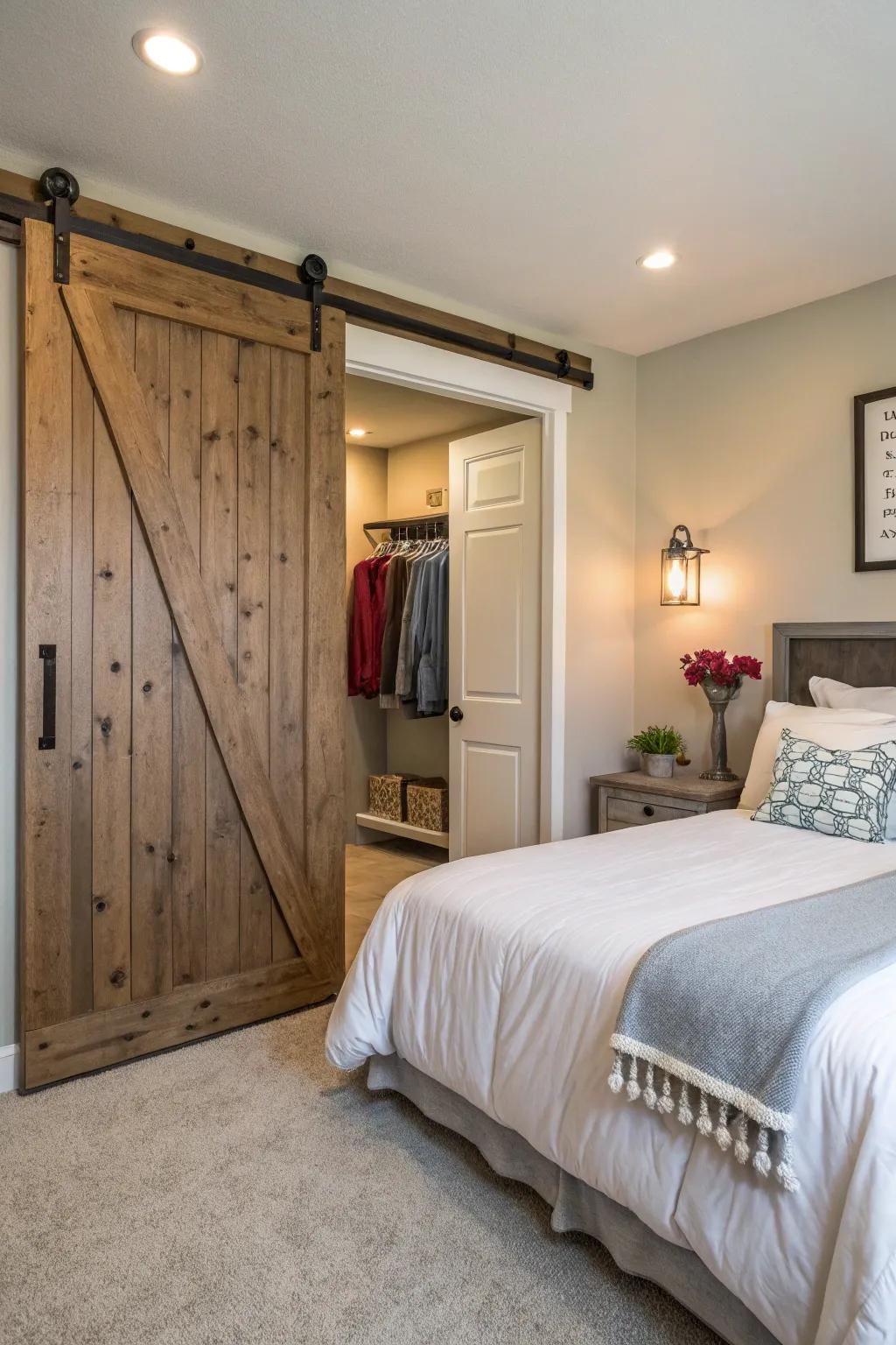 Sliding barn doors add rustic charm while hiding hoodie storage.