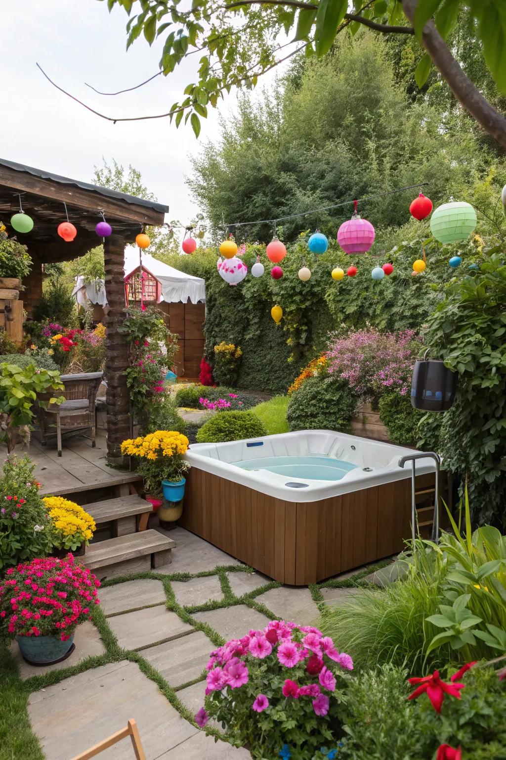 A touch of color adds vibrancy and life to the hot tub area.