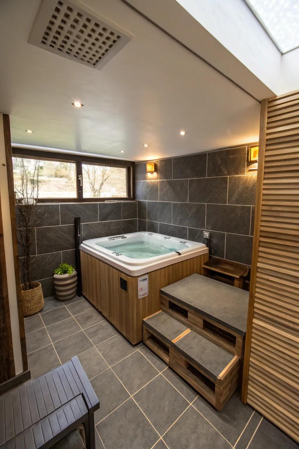 A well-organized hot tub room with smart space optimization.