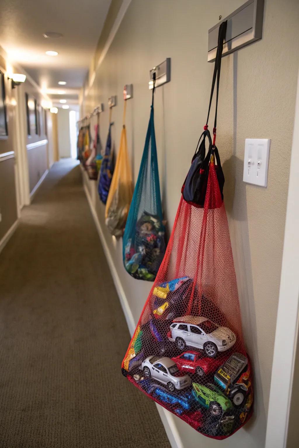 Wall hooks provide easy and accessible Hot Wheels storage.