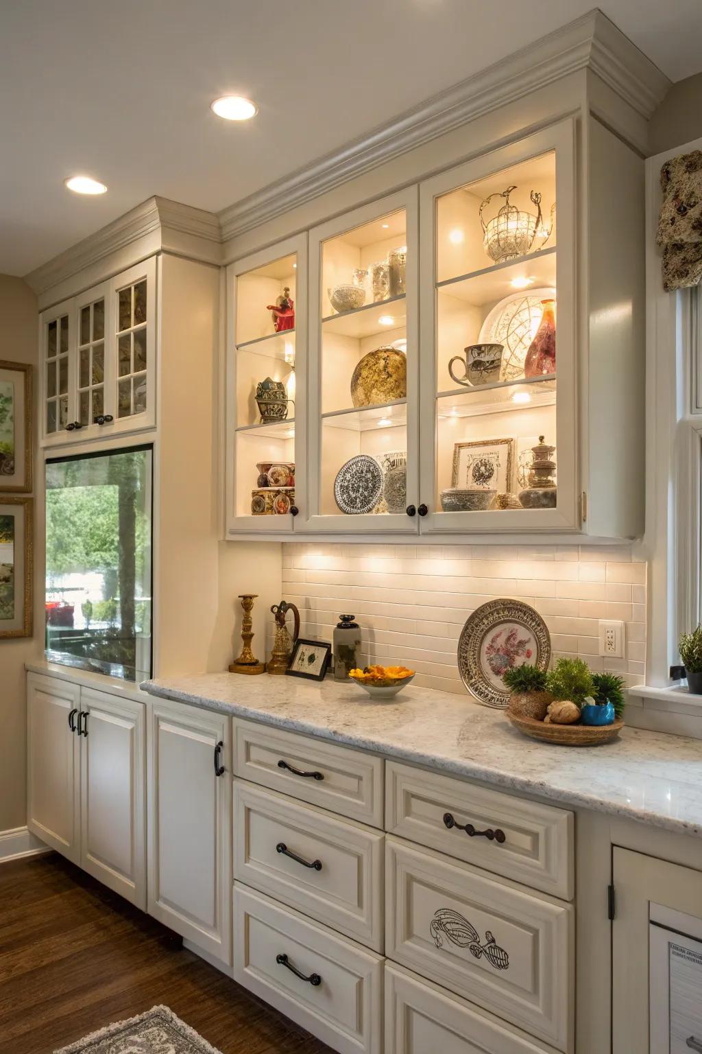 A niche provides space for collections above kitchen cabinets.