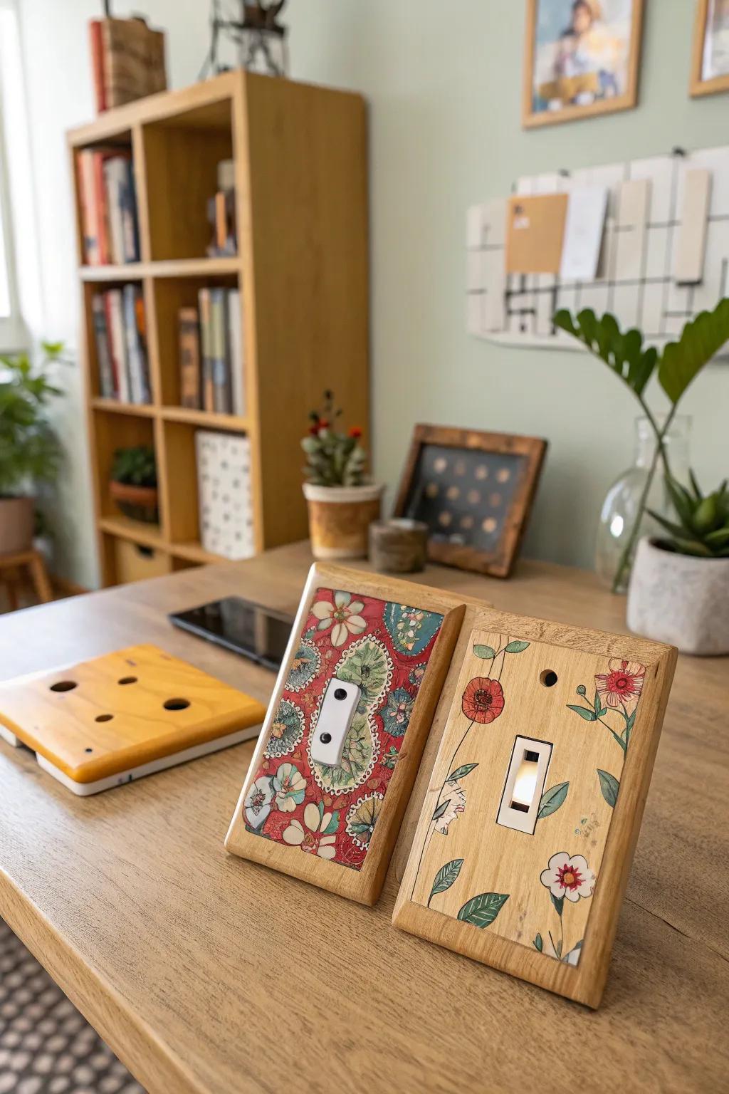 Add unexpected character with funky decoupaged switch plates.