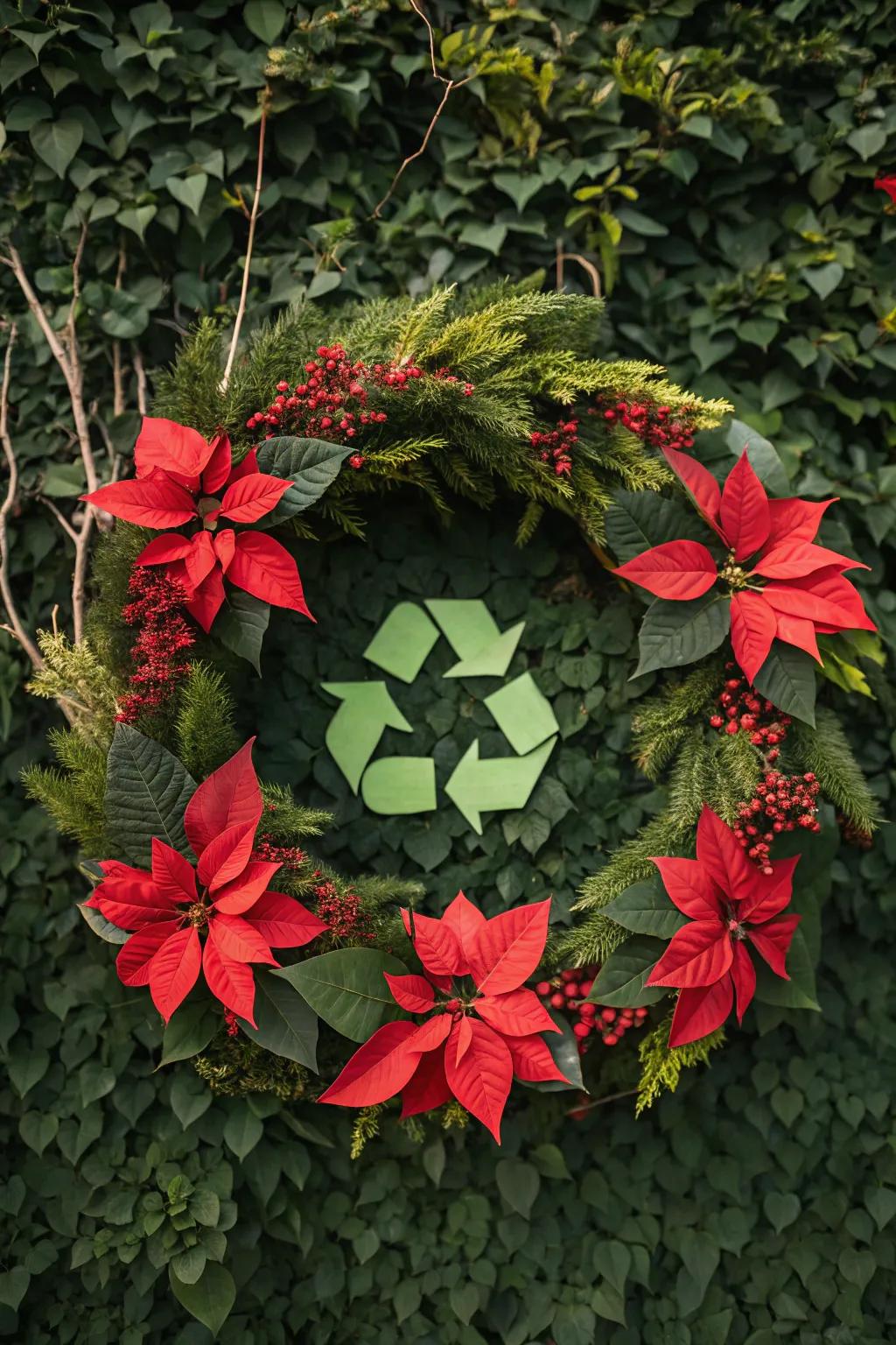 An eco-friendly poinsettia wreath with recycled charm.