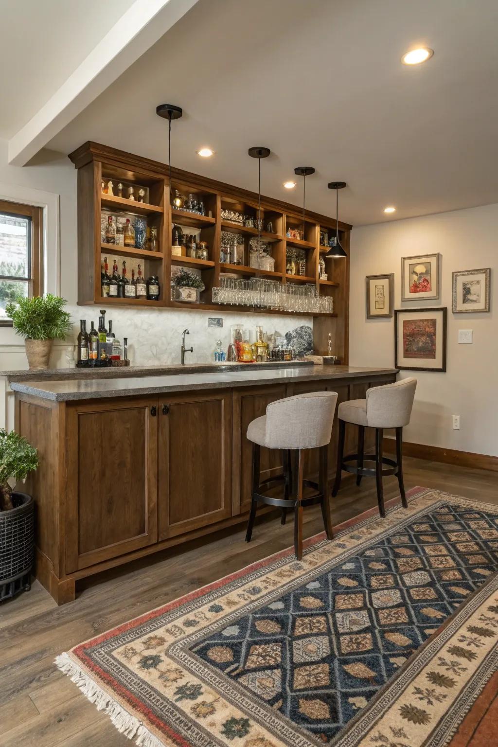 A rug adds warmth and definition to your bar area.