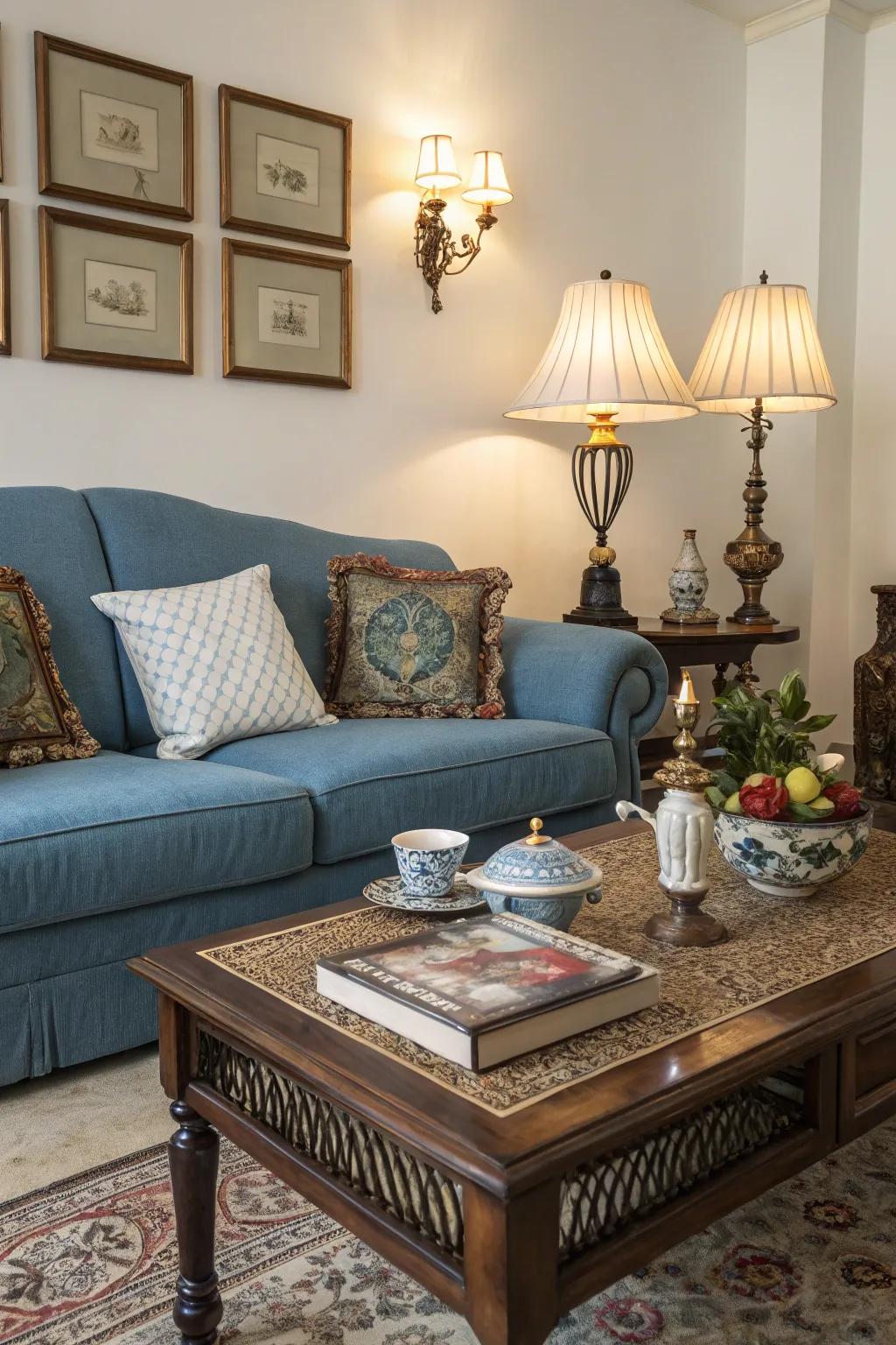 Vintage finds add charm and history to a blue couch setting.