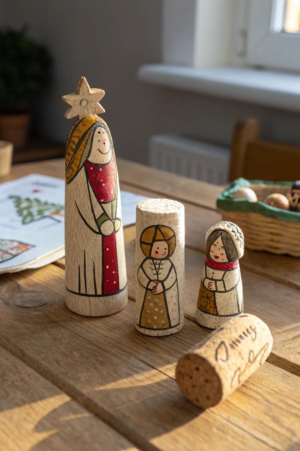 Upcycled wine corks create a rustic and charming nativity scene.