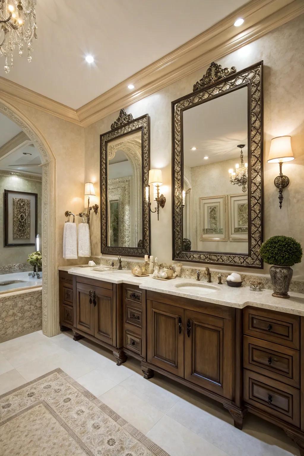 Elegant mirror designs enhance the visual appeal of this master bathroom.