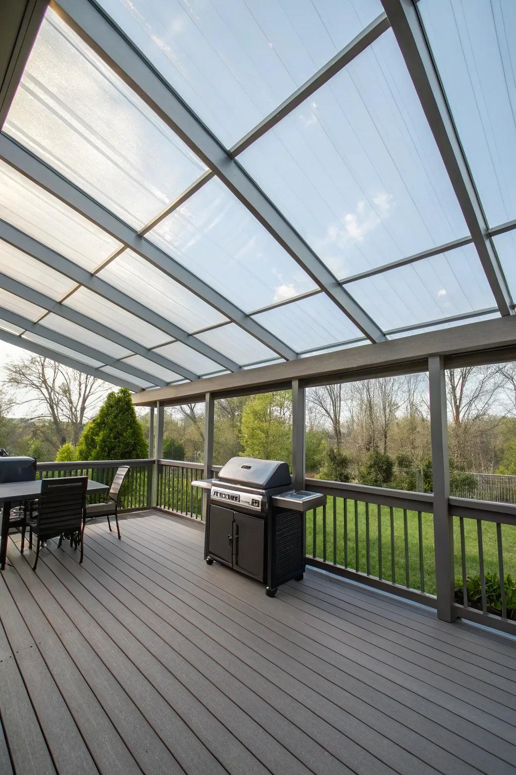 Polycarbonate roof panels offer lightweight protection and natural light.