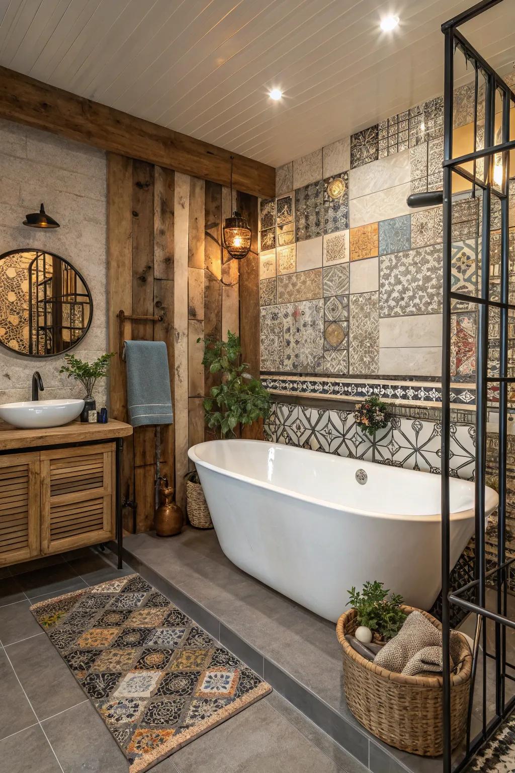 A unique bathroom featuring a freestanding tub surrounded by mixed materials and textures.