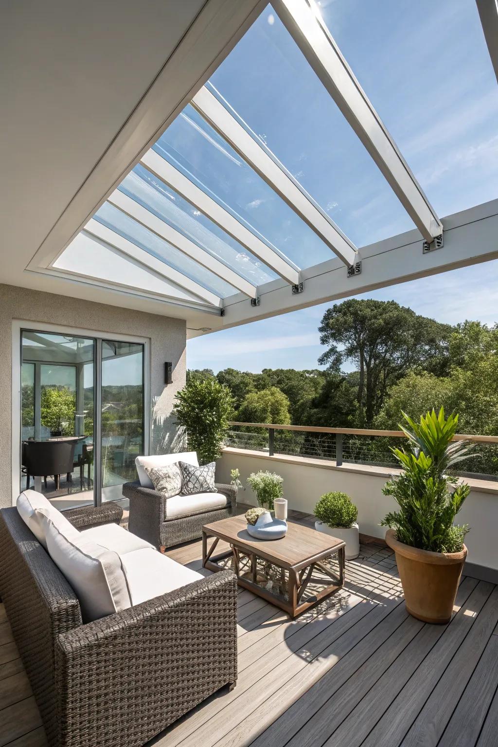 A skylight enhancing the airy and open feel of a high deck.