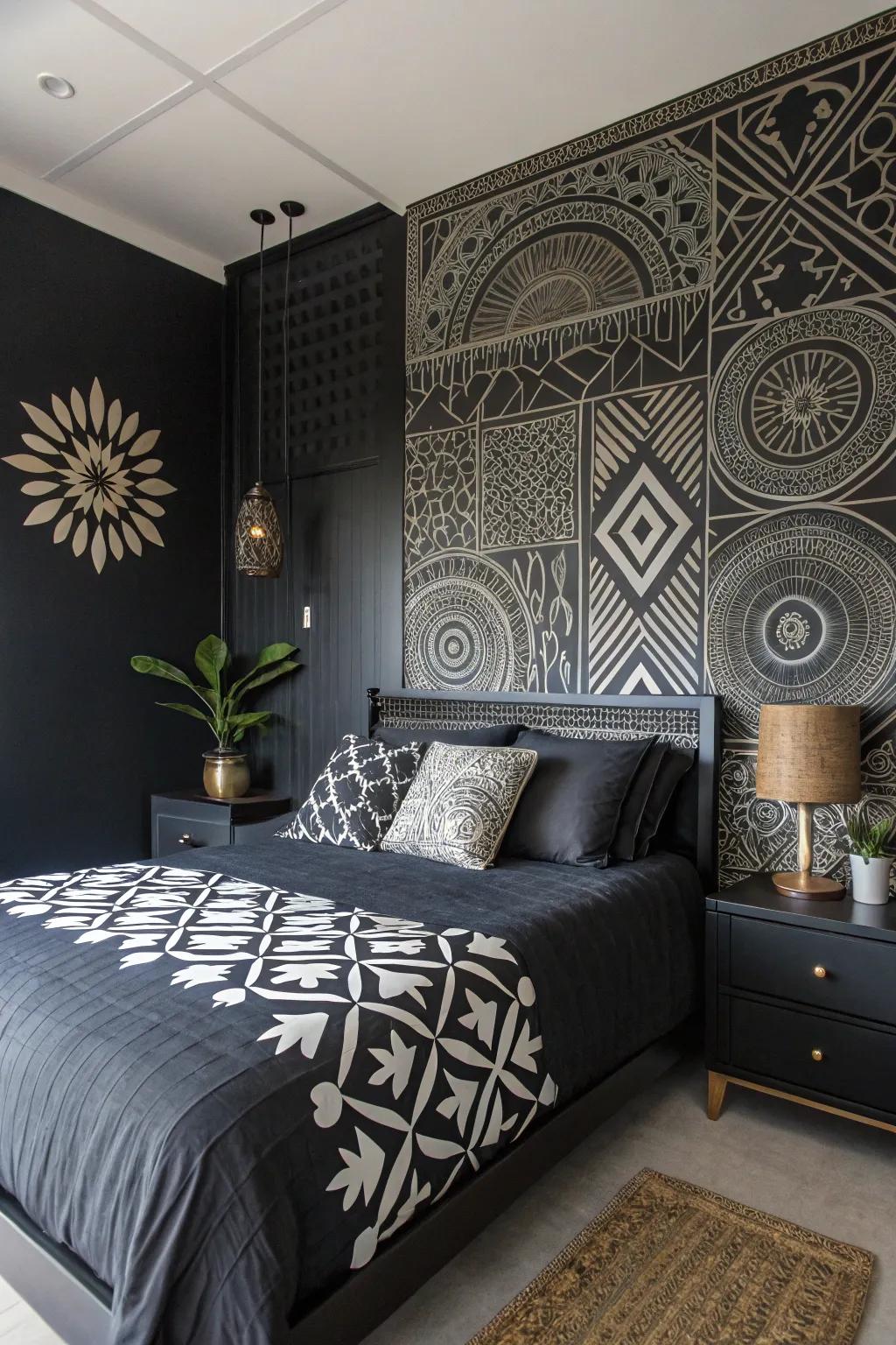 Mixed patterns add playful character to this luxurious black bedroom.