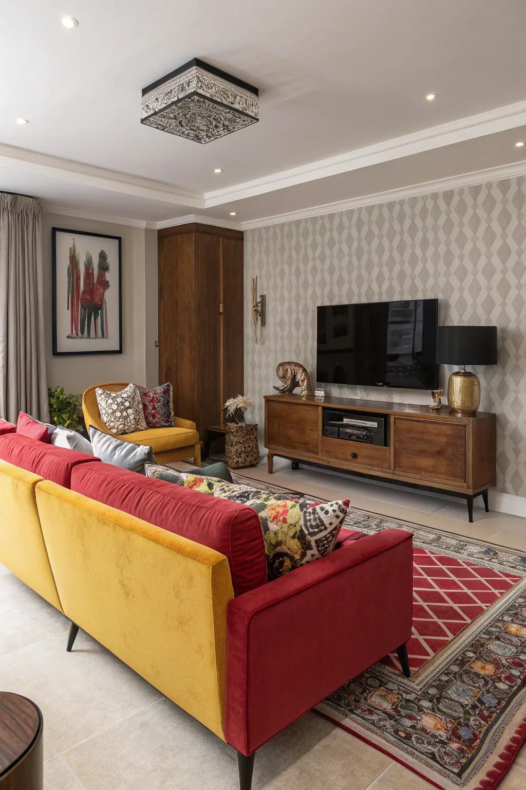 A statement sofa adds personality and draws attention in the room.