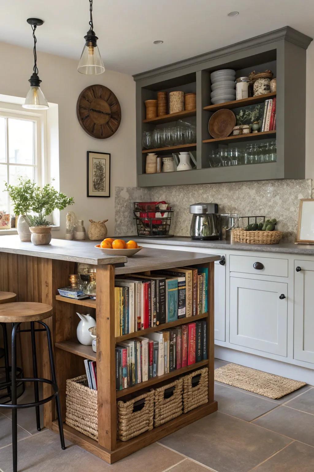 Create extra storage with bookcases under a breakfast bar.