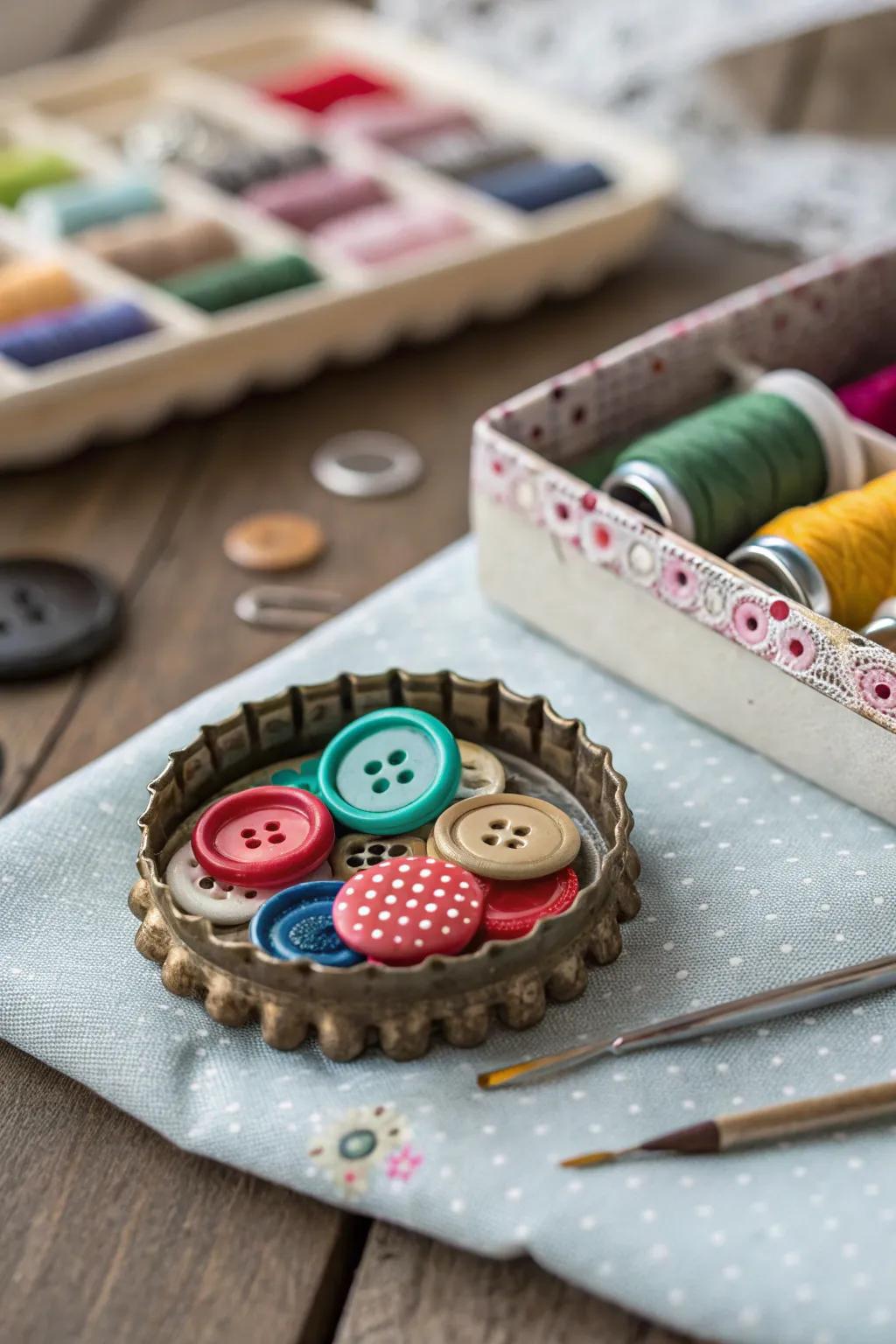 Button-stacked bottle cap pins for a playful and unique look.