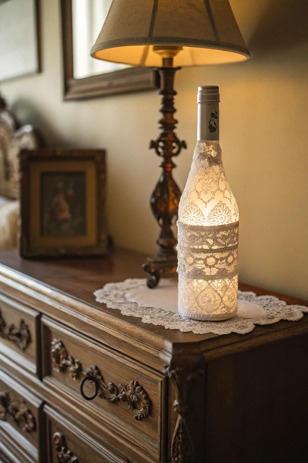 A lace overlay bottle lamp for a romantic touch.