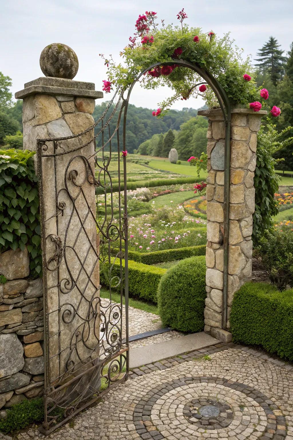 A stone mosaic wire gate creates a stunning focal point in your garden.