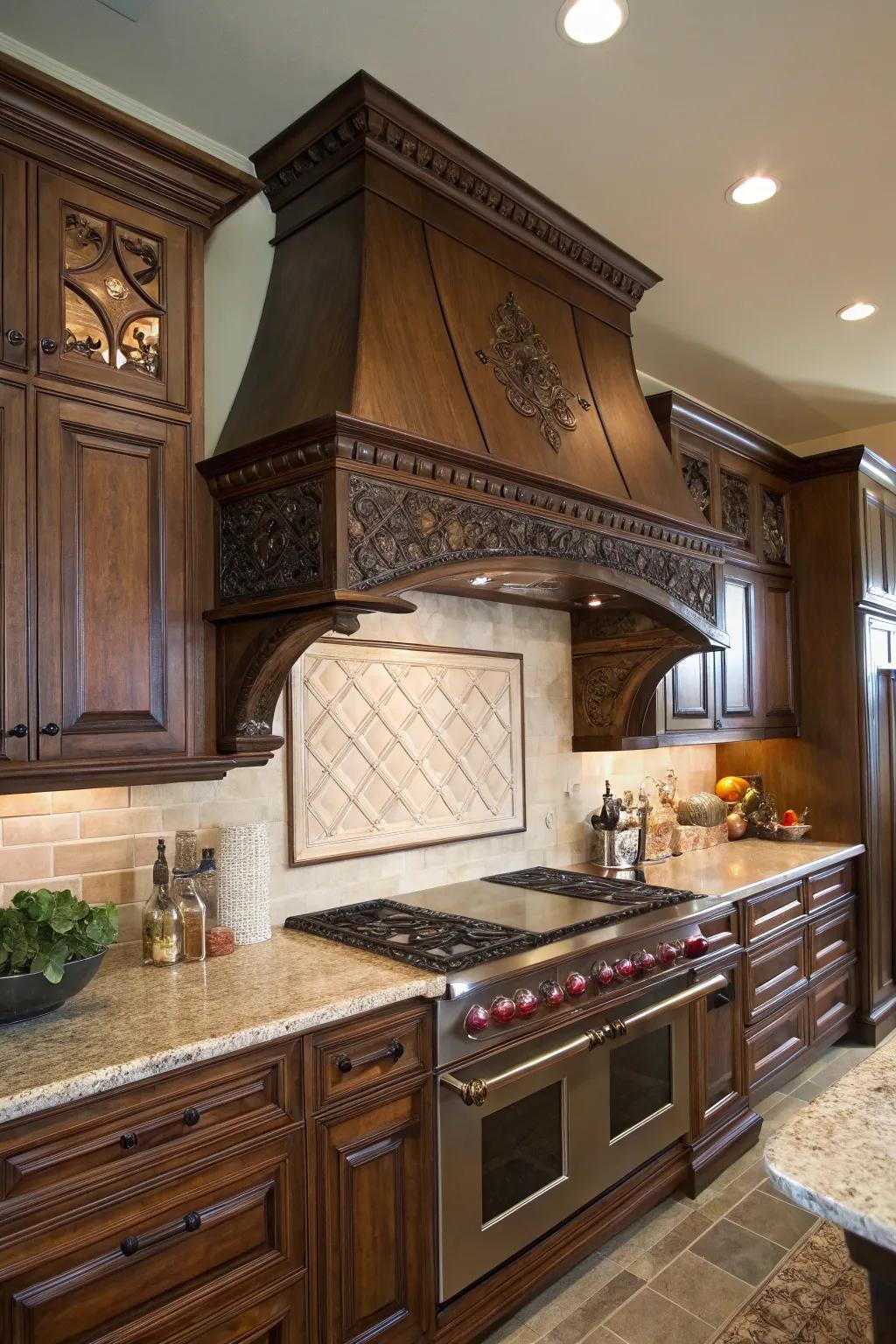 A kitchen with a range hood showcasing intricate woodwork.