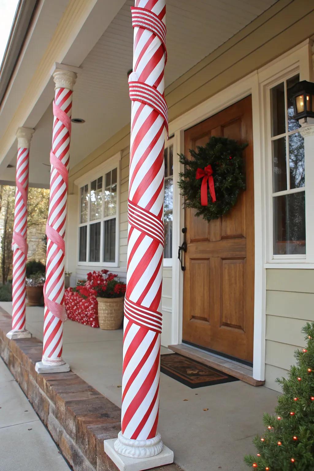 Candy cane stripes bring playful whimsy to porch columns.