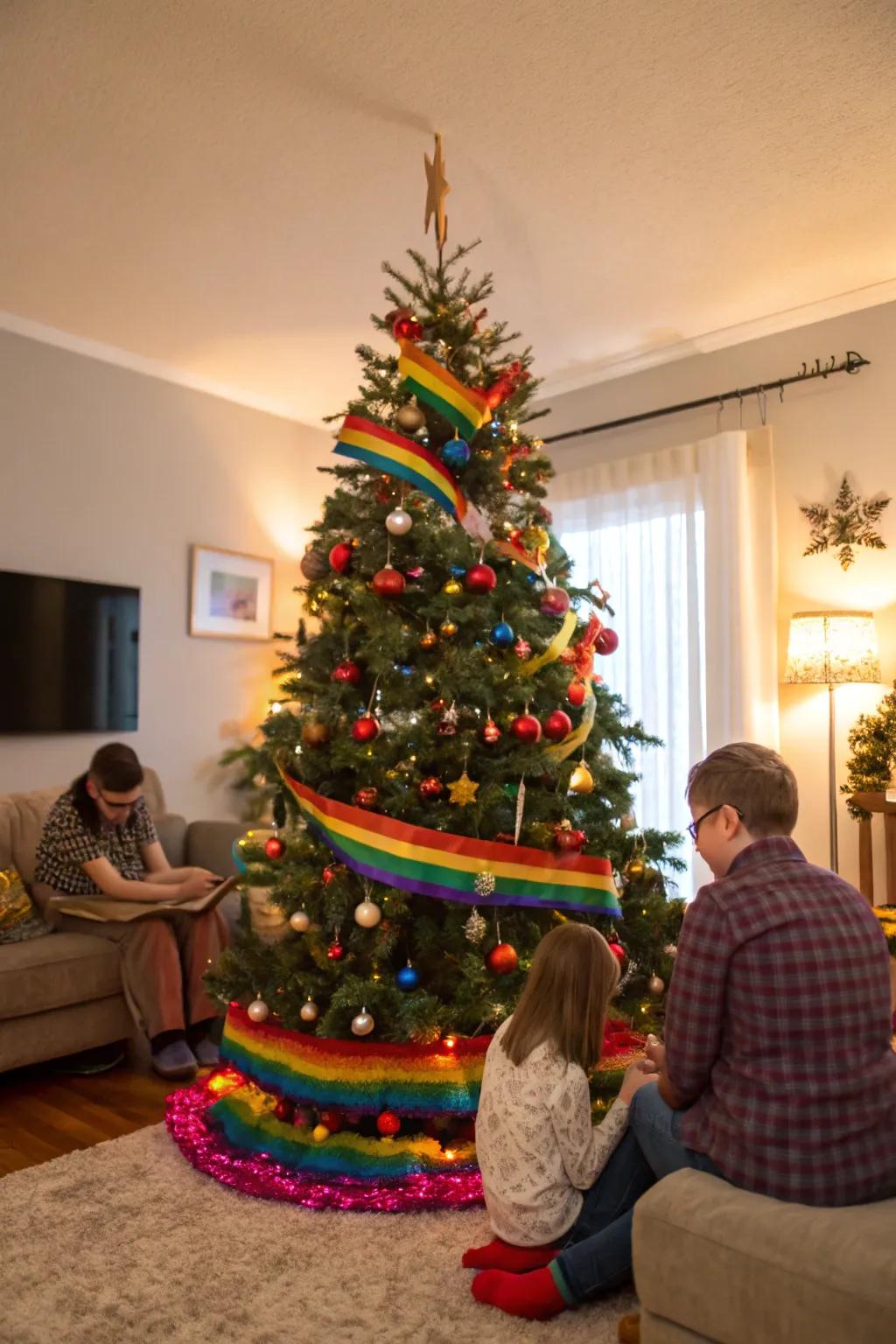 A joyful Christmas tree adorned with rainbow ribbons, adding a whimsical and festive touch to the decor.