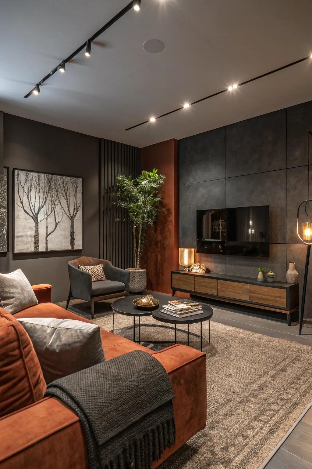 A sleek living room with rust and charcoal accents.