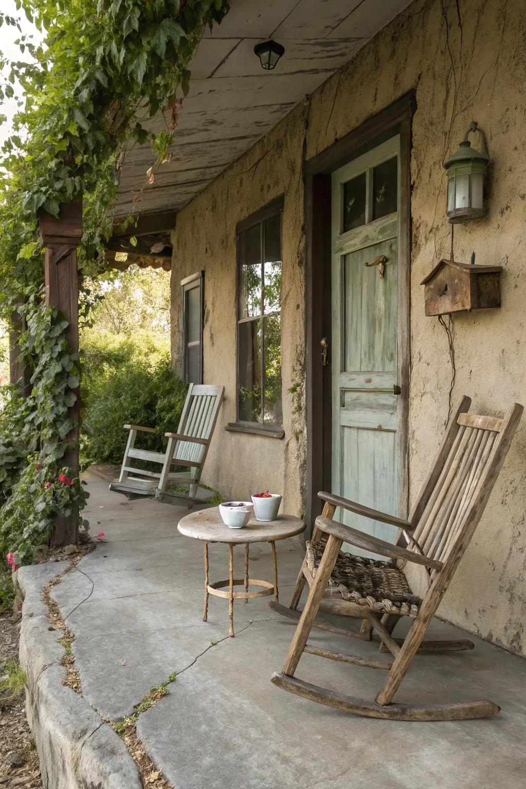 Weathered finishes add rustic charm to a porch.