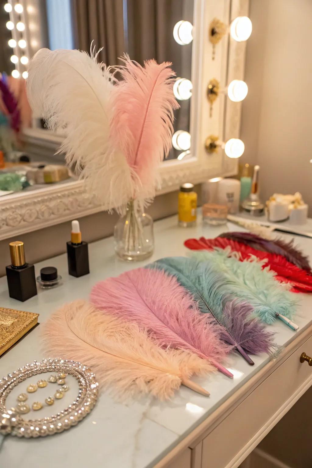 A collection of feathered hair accessories displayed on a vanity.