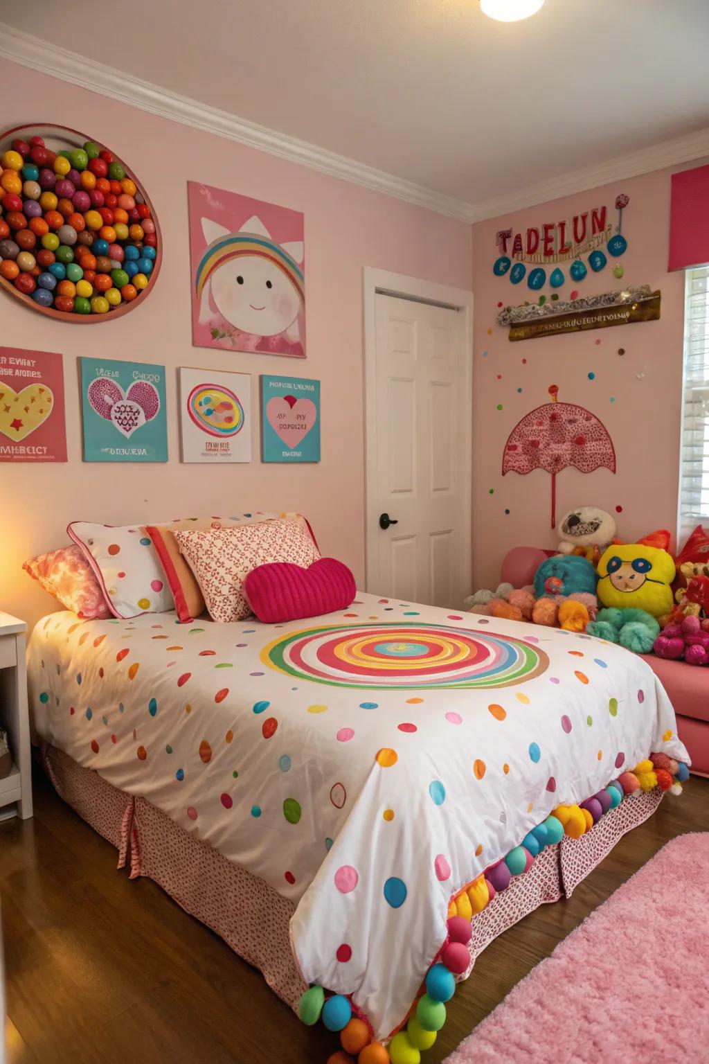 A candy-coated bedspread turns the bedroom into a playful, sweet escape.