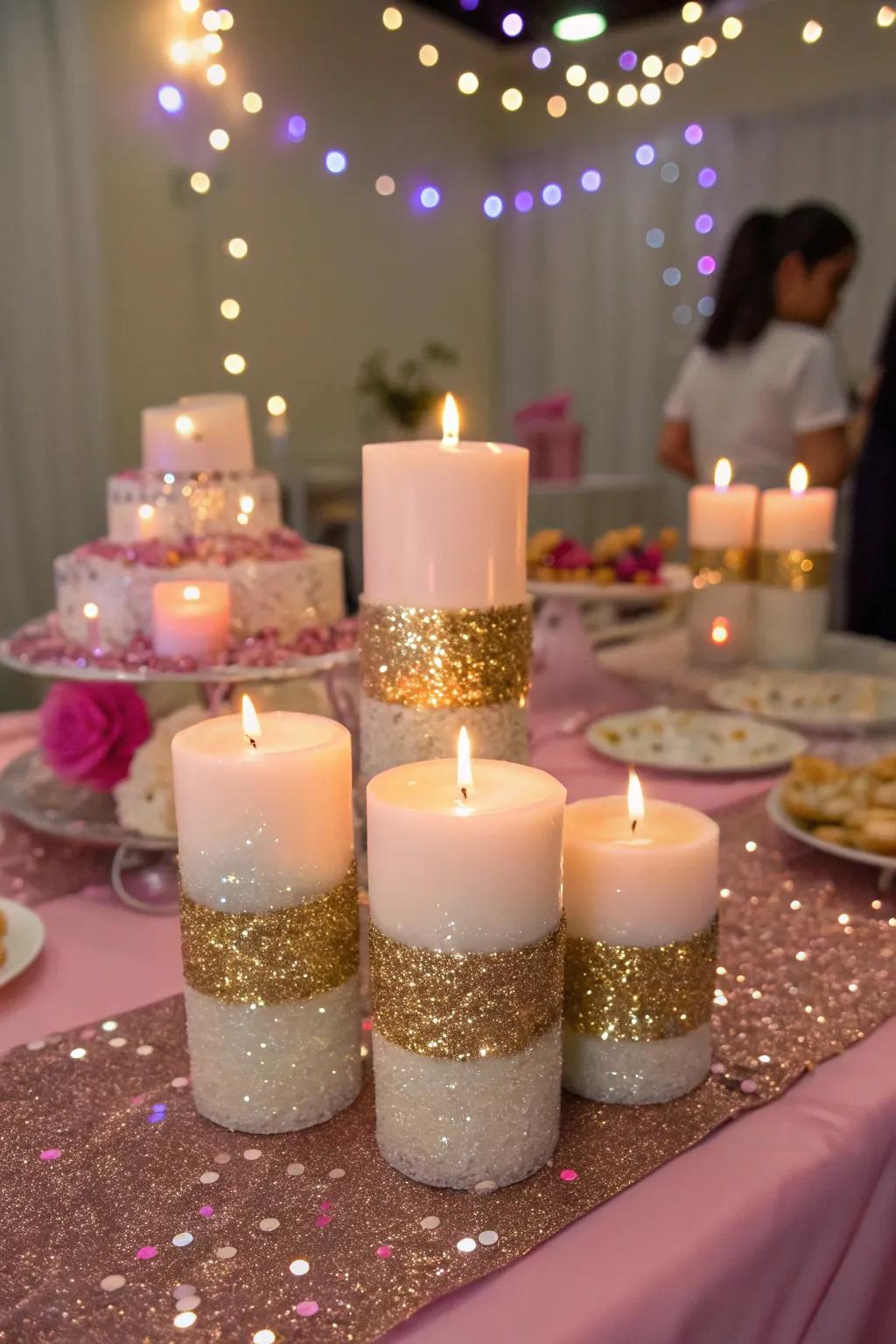 Sparkly glitter adding a festive touch to candles.