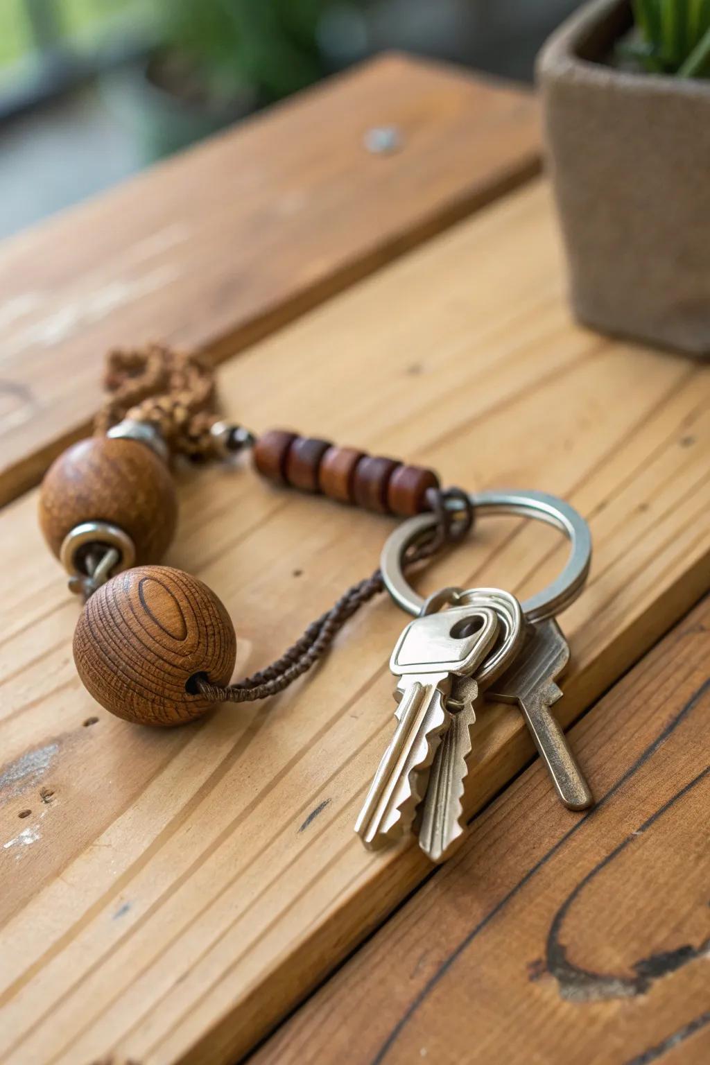 A handmade wooden bead keychain.