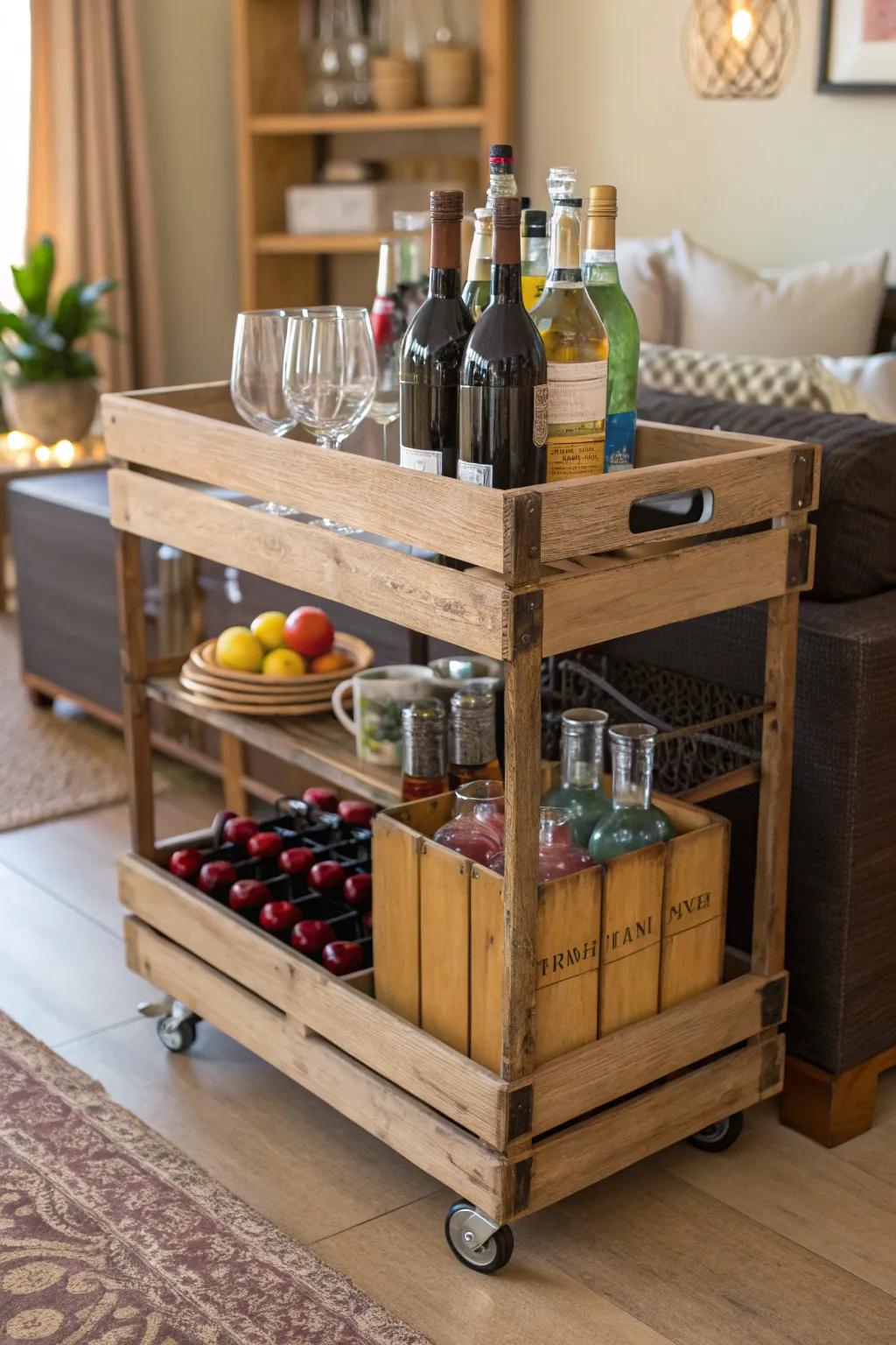 A wooden crate bar cart adds style to entertaining.