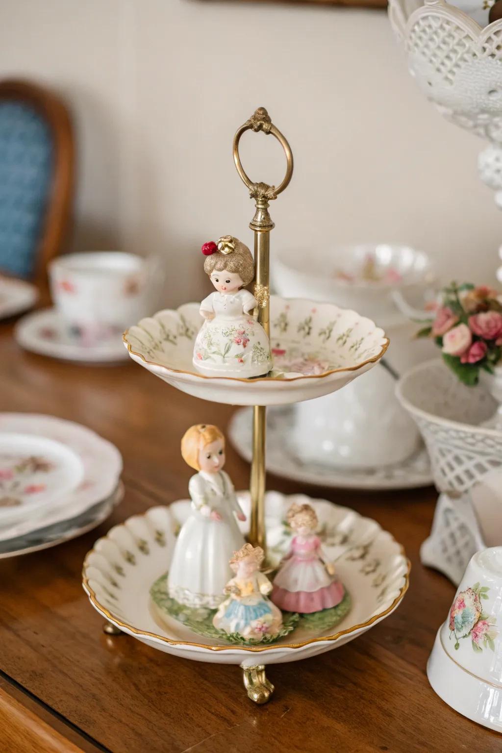 A tiered cake stand offering a whimsical display for small dolls.