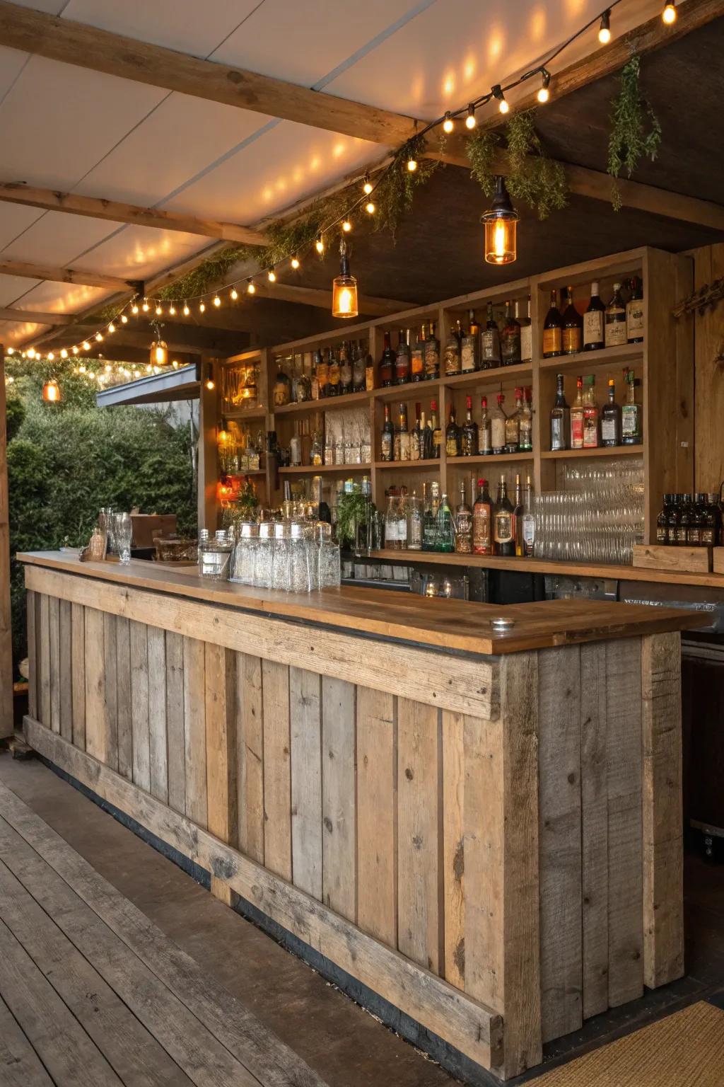 Reclaimed wood adds warmth to a rustic and charming bar setup.