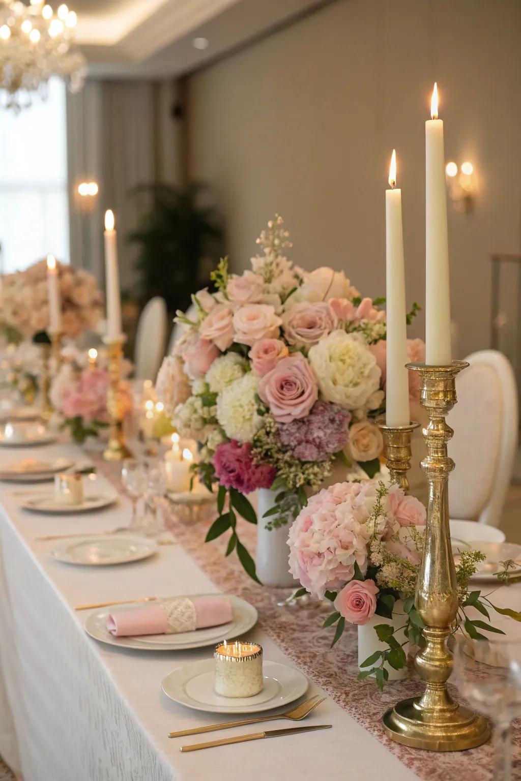 Romantic candle and flower combinations for a chic wedding ambiance.