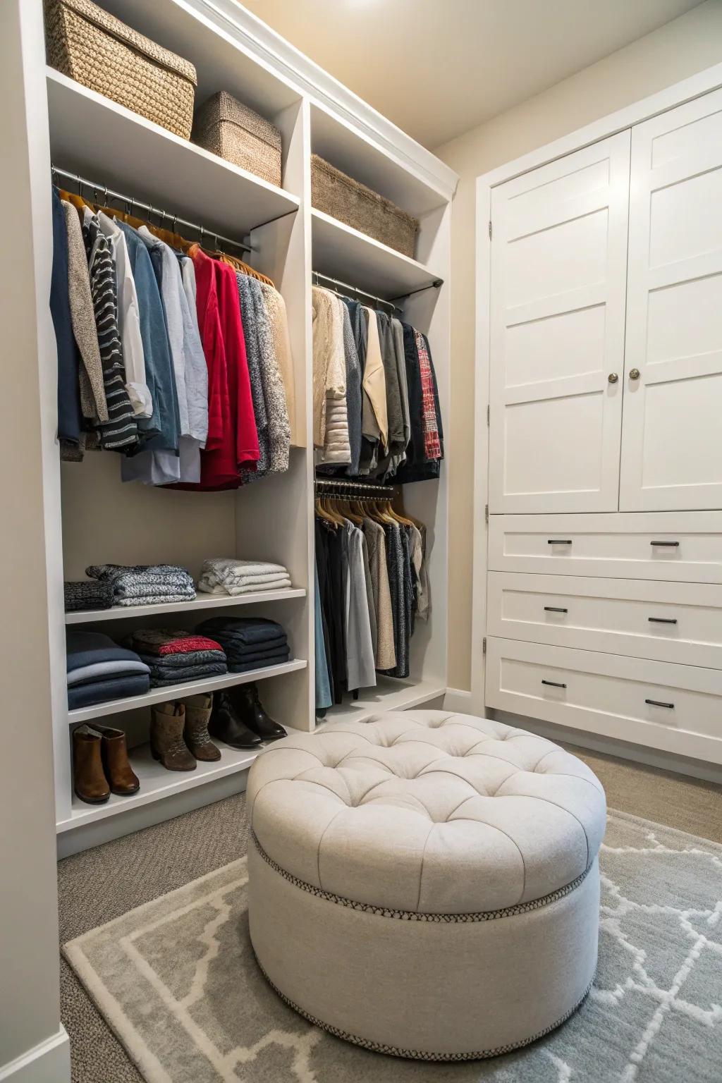 A seating area adds comfort and convenience to your closet.