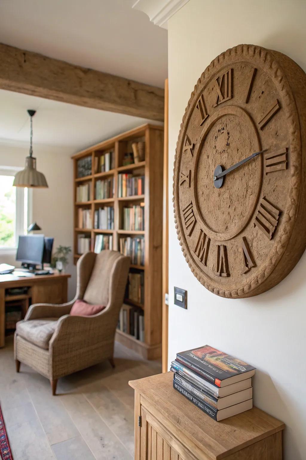 A bespoke clock face crafted from excavator clay, enhancing the decor of a study.