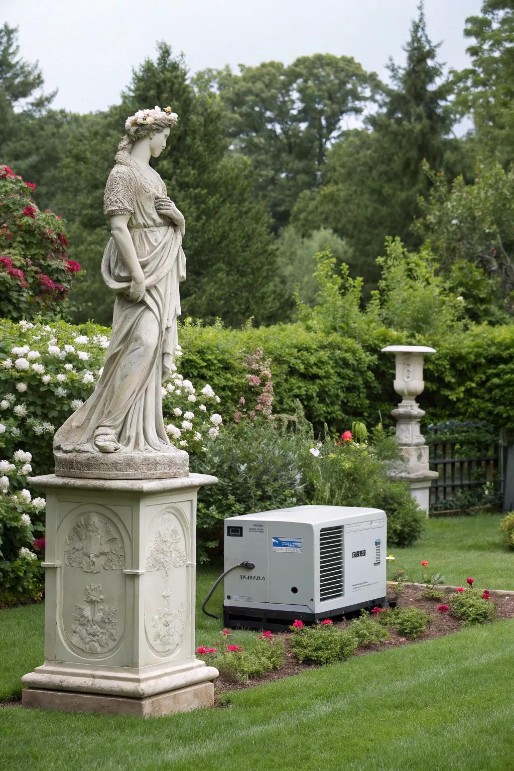 A garden statue adds artistic flair while cleverly hiding the generator.