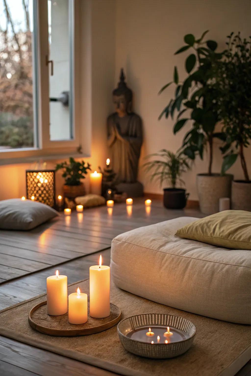 A peaceful setup for a silent night meditation session.