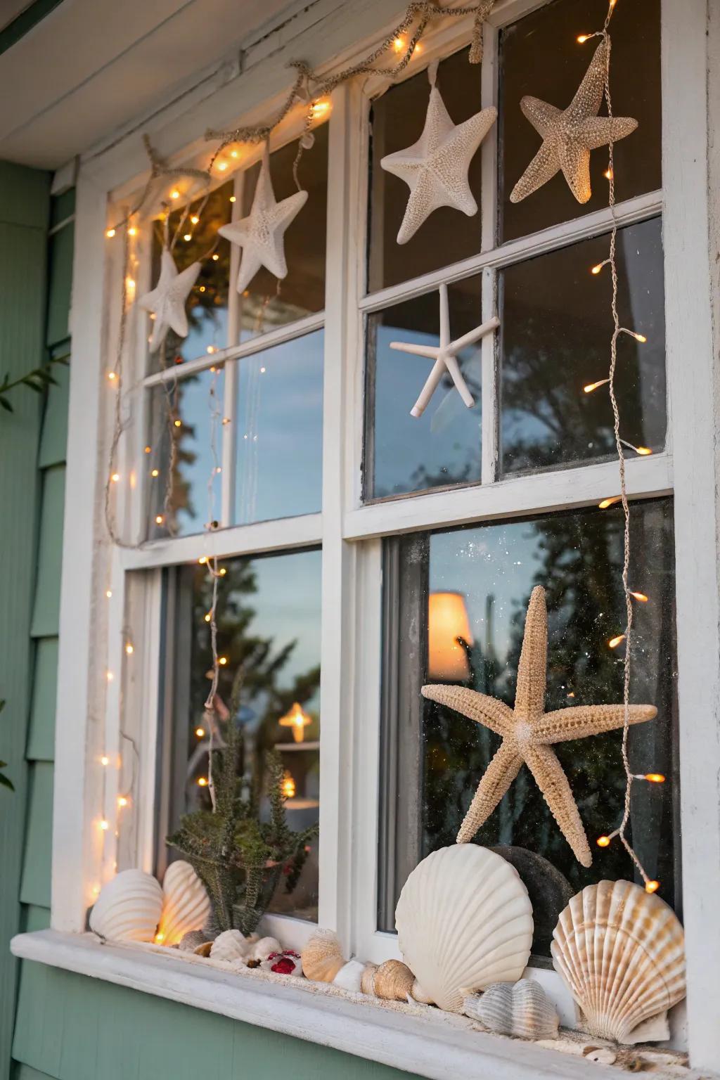 A coastal holiday window with starfish and seashells.