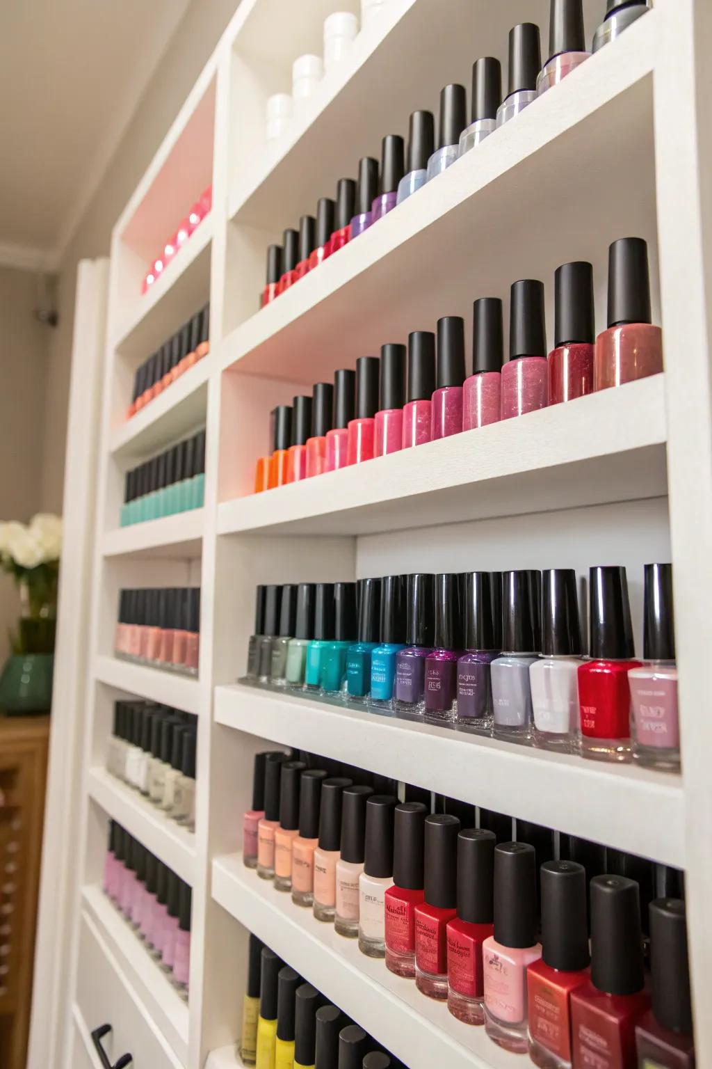 A custom shelving unit offers tailored storage for a nail polish collection.